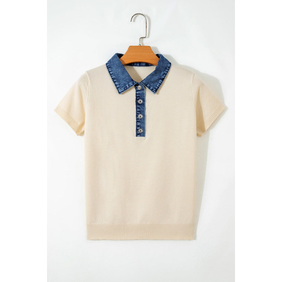 Jet Stream Short Sleeve Knit Denim Patchwork Polo Collar Sweater Sweaters & Cardigans/Short Sleeve Sweaters