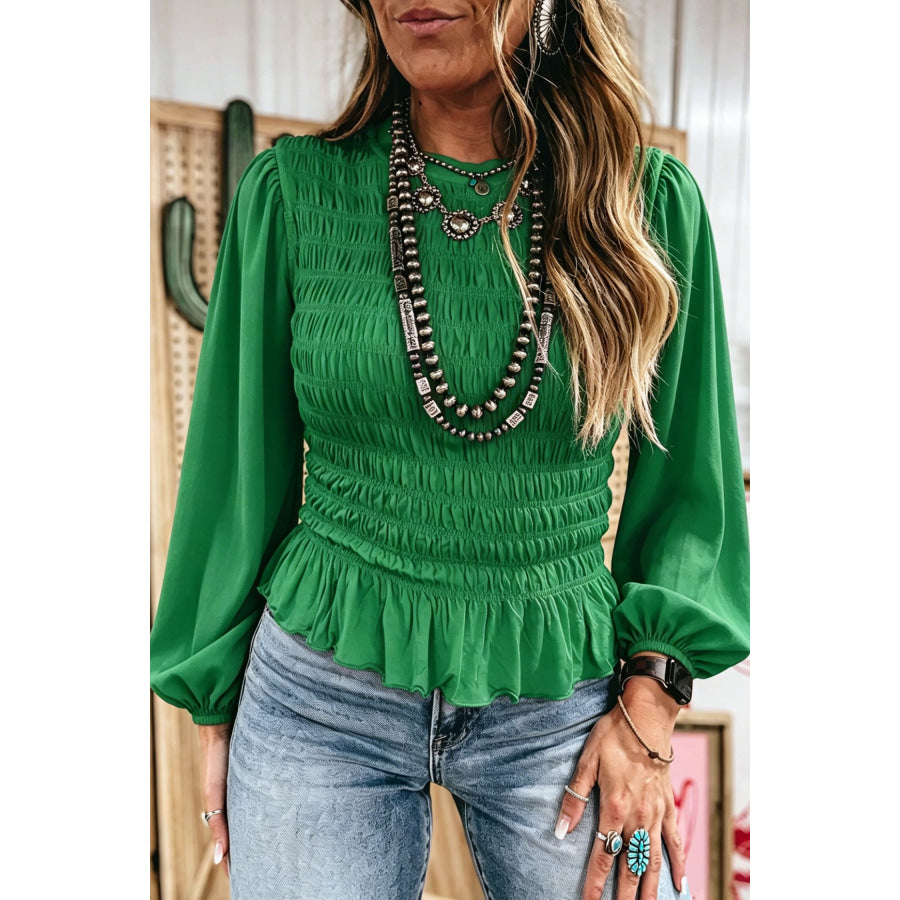 Jet Stream Solid Color Smocked Ruffle Hem Long Sleeve Blouse Bright Green / S / 90% Polyester + 10% Elastane Tops/Blouses & Shirts