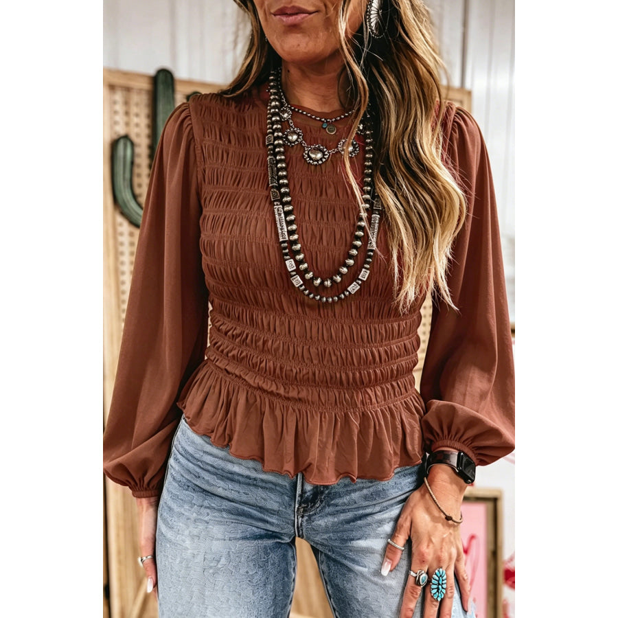 Jet Stream Solid Color Smocked Ruffle Hem Long Sleeve Blouse Coffee / S / 90% Polyester + 10% Elastane Tops/Blouses & Shirts