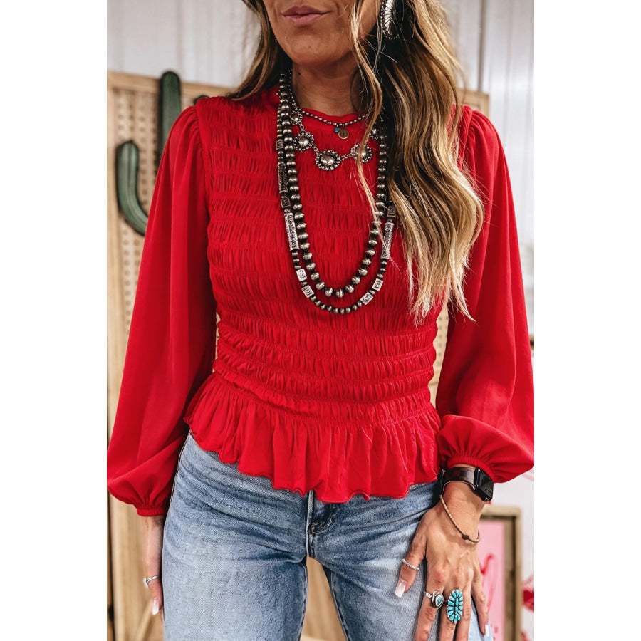 Jet Stream Solid Color Smocked Ruffle Hem Long Sleeve Blouse Racing Red / S / 90% Polyester + 10% Elastane Tops/Blouses & Shirts