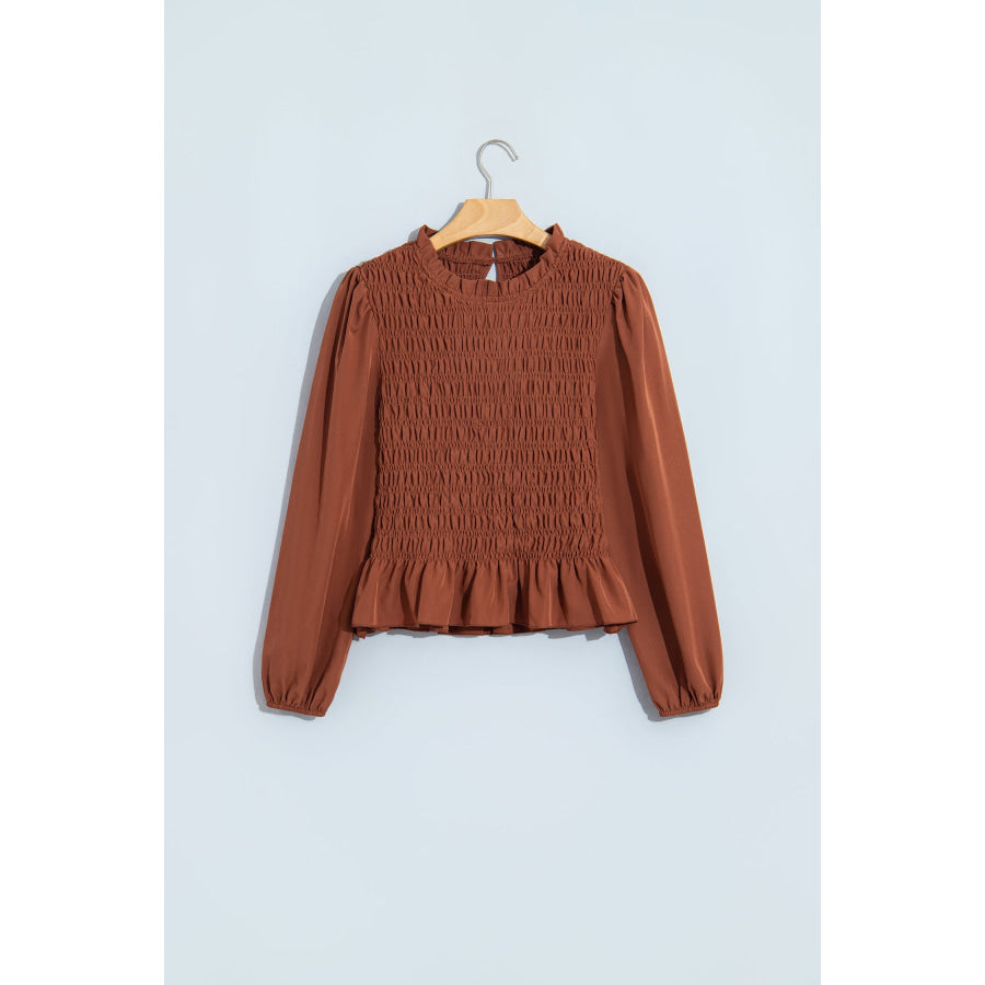 Jet Stream Solid Color Smocked Ruffle Hem Long Sleeve Blouse Tops/Blouses & Shirts