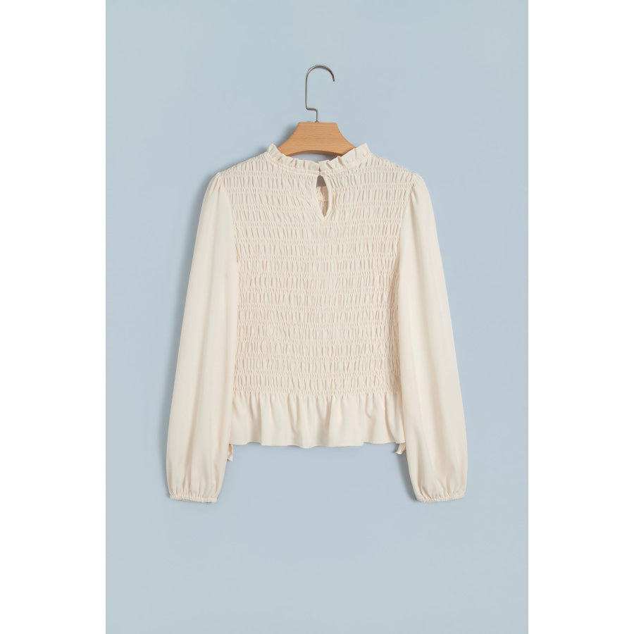 Jet Stream Solid Color Smocked Ruffle Hem Long Sleeve Blouse Tops/Blouses & Shirts