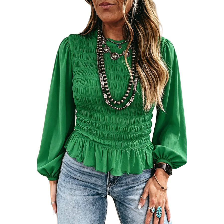 Jet Stream Solid Color Smocked Ruffle Hem Long Sleeve Blouse Tops/Blouses & Shirts
