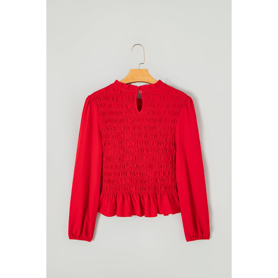 Jet Stream Solid Color Smocked Ruffle Hem Long Sleeve Blouse Tops/Blouses & Shirts