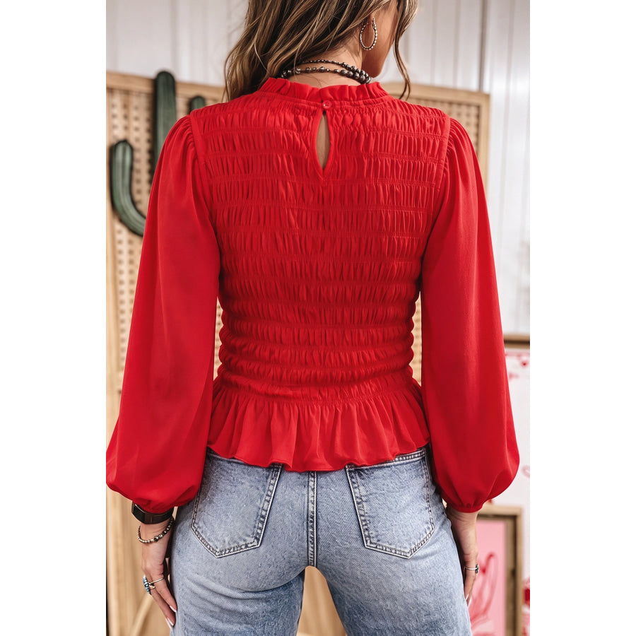 Jet Stream Solid Color Smocked Ruffle Hem Long Sleeve Blouse Tops/Blouses & Shirts