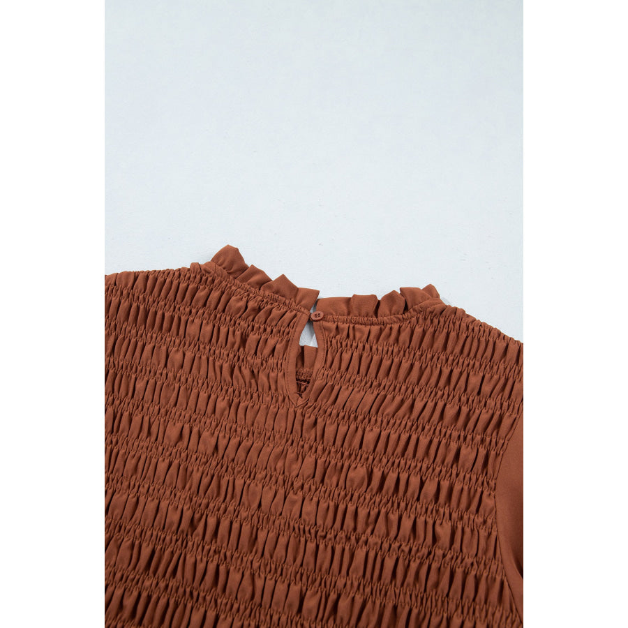Jet Stream Solid Color Smocked Ruffle Hem Long Sleeve Blouse Tops/Blouses & Shirts