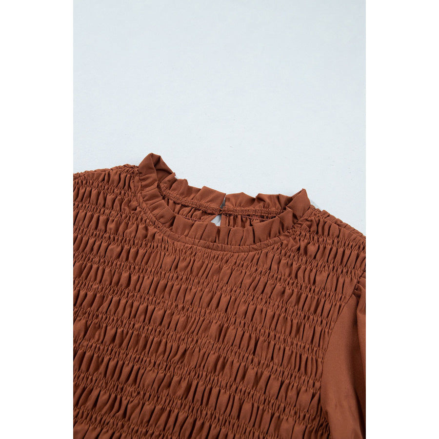Jet Stream Solid Color Smocked Ruffle Hem Long Sleeve Blouse Tops/Blouses & Shirts