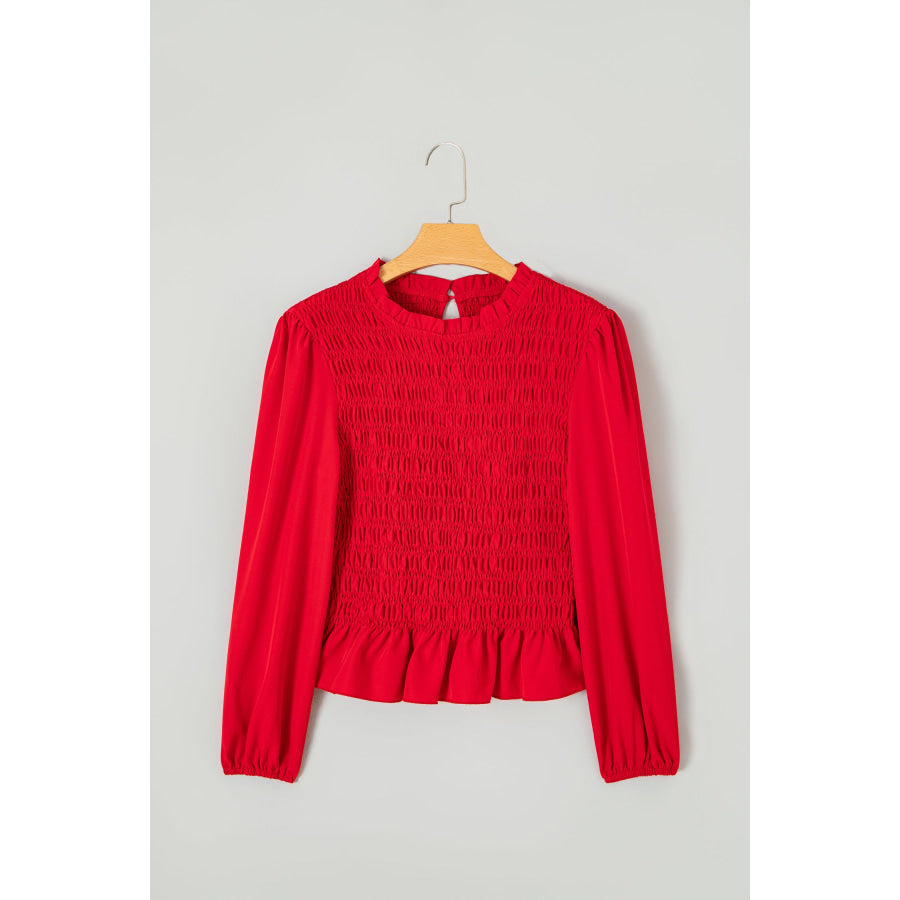 Jet Stream Solid Color Smocked Ruffle Hem Long Sleeve Blouse Tops/Blouses & Shirts