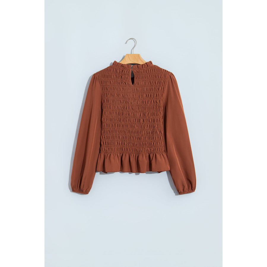 Jet Stream Solid Color Smocked Ruffle Hem Long Sleeve Blouse Tops/Blouses & Shirts