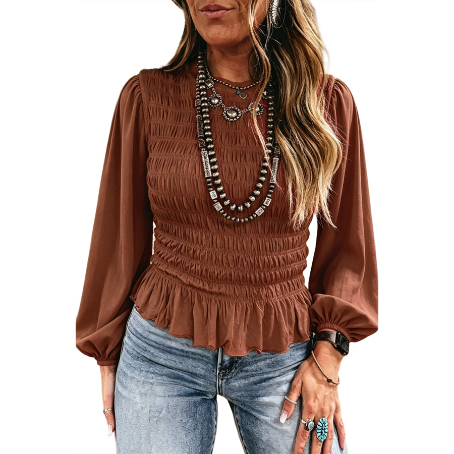 Jet Stream Solid Color Smocked Ruffle Hem Long Sleeve Blouse Tops/Blouses & Shirts