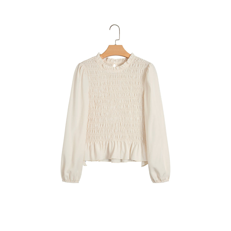 Jet Stream Solid Color Smocked Ruffle Hem Long Sleeve Blouse Tops/Blouses & Shirts