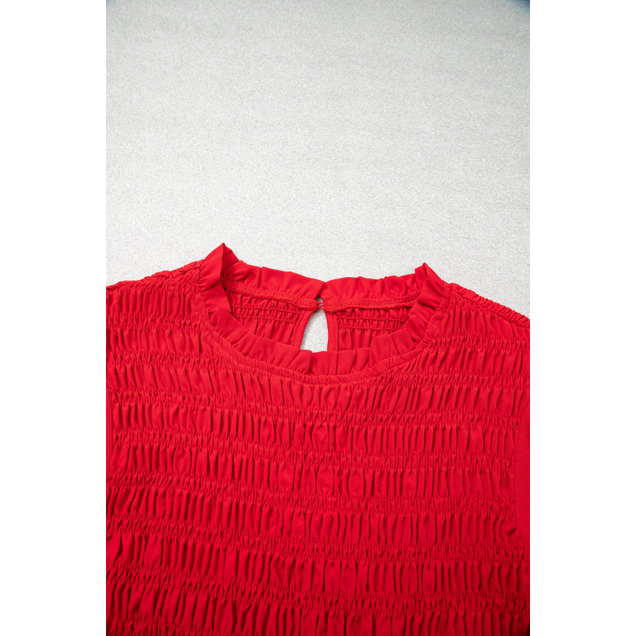 Jet Stream Solid Color Smocked Ruffle Hem Long Sleeve Blouse Tops/Blouses & Shirts