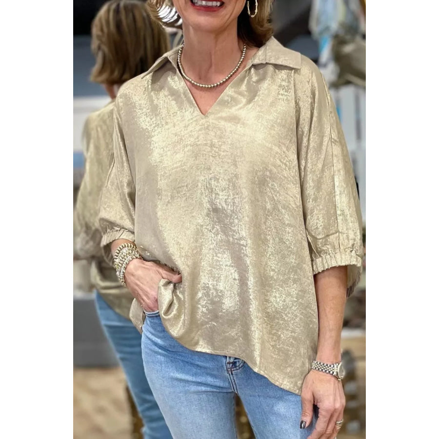 Johnny Collar 3/4 Sleeve Blouse Beige / S Apparel and Accessories