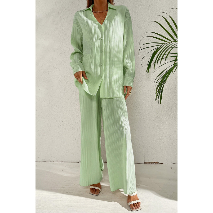 Johnny Collar Button Down Top and Pants Set Gum Leaf / S Apparel and Accessories