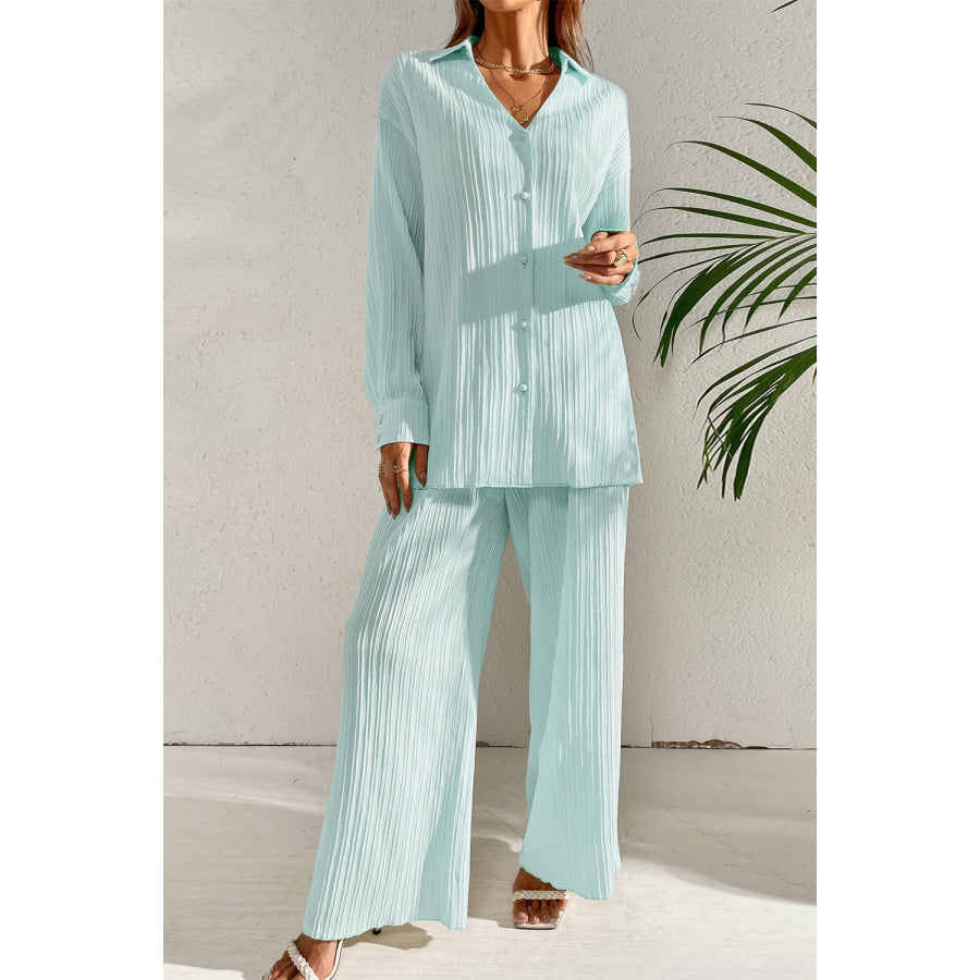 Johnny Collar Button Down Top and Pants Set Pastel Blue / S Apparel and Accessories