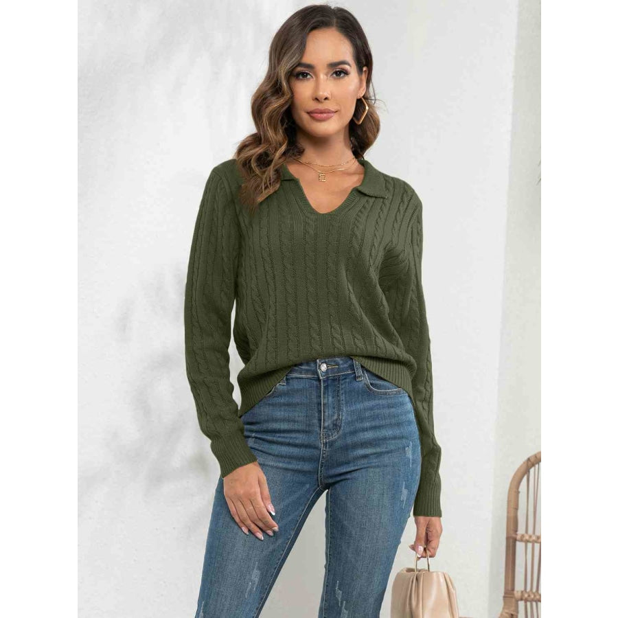 Johnny Collar Cable-Knit Long Sleeve Sweater Army Green / S