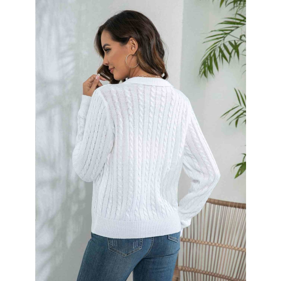 Johnny Collar Cable-Knit Long Sleeve Sweater