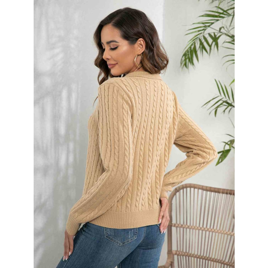 Johnny Collar Cable-Knit Long Sleeve Sweater