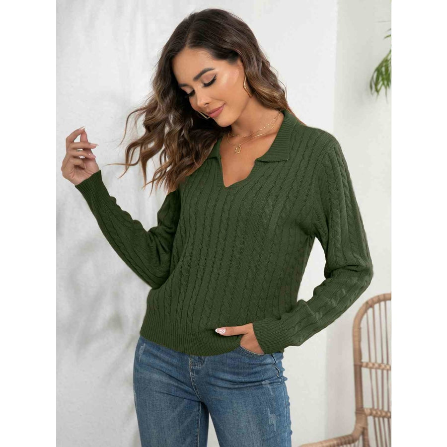 Johnny Collar Cable-Knit Long Sleeve Sweater