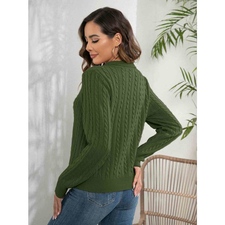 Johnny Collar Cable-Knit Long Sleeve Sweater Army Green / S