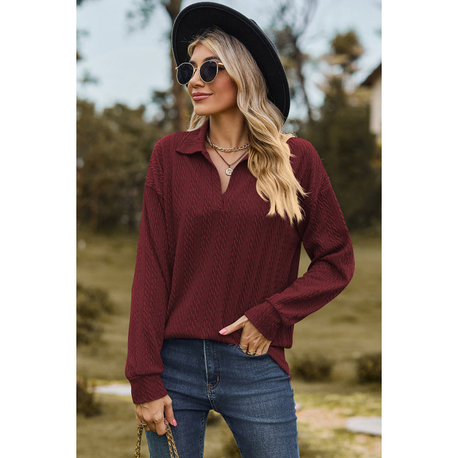 Johnny Collar Dropped Shoulder Blouse Wine / S Apparel and Accessories