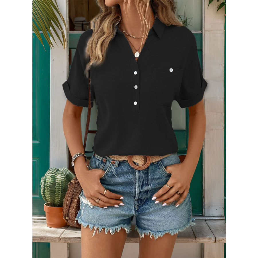 Johnny Collar Half Sleeve Blouse Black / S Apparel and Accessories