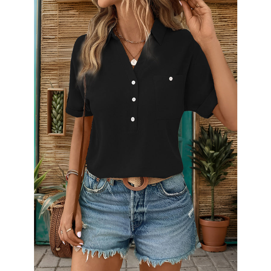 Johnny Collar Half Sleeve Blouse Apparel and Accessories