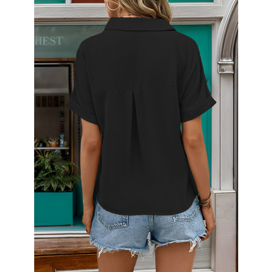 Johnny Collar Half Sleeve Blouse Apparel and Accessories