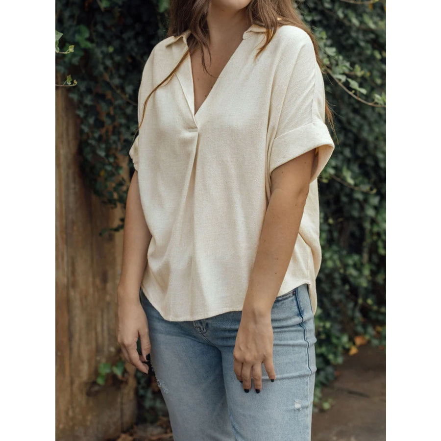 Johnny Collar Half Sleeve Blouse Beige / S Apparel and Accessories