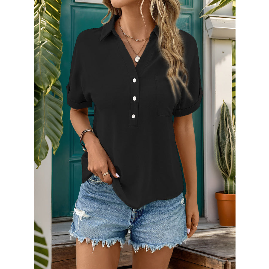 Johnny Collar Half Sleeve Blouse Black / S Apparel and Accessories