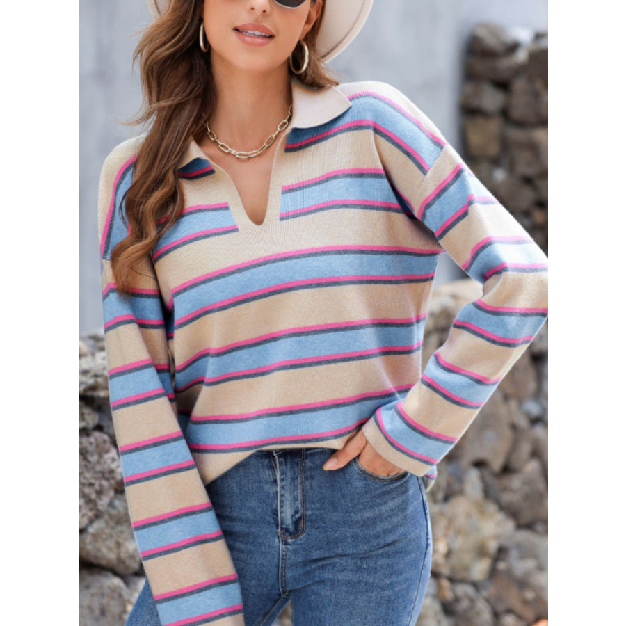 Johnny Collar Long Sleeve Stripe Sweater Apparel and Accessories