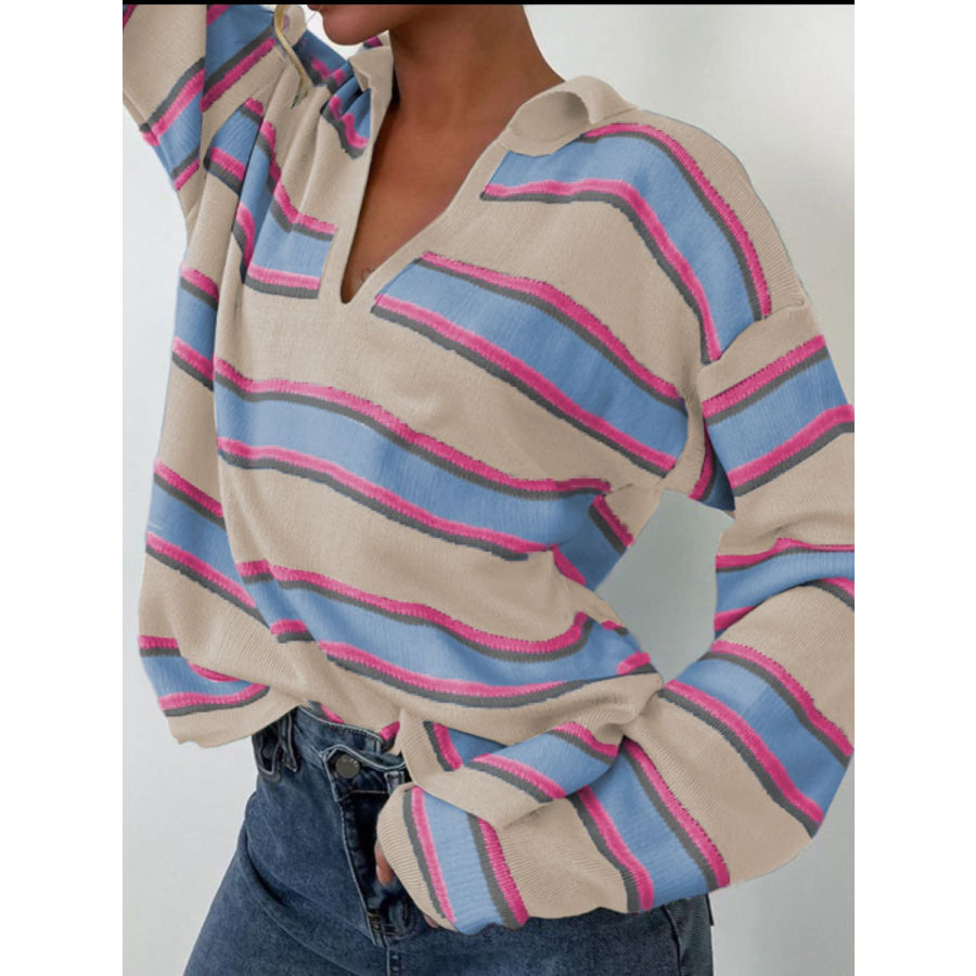 Johnny Collar Long Sleeve Stripe Sweater Apparel and Accessories