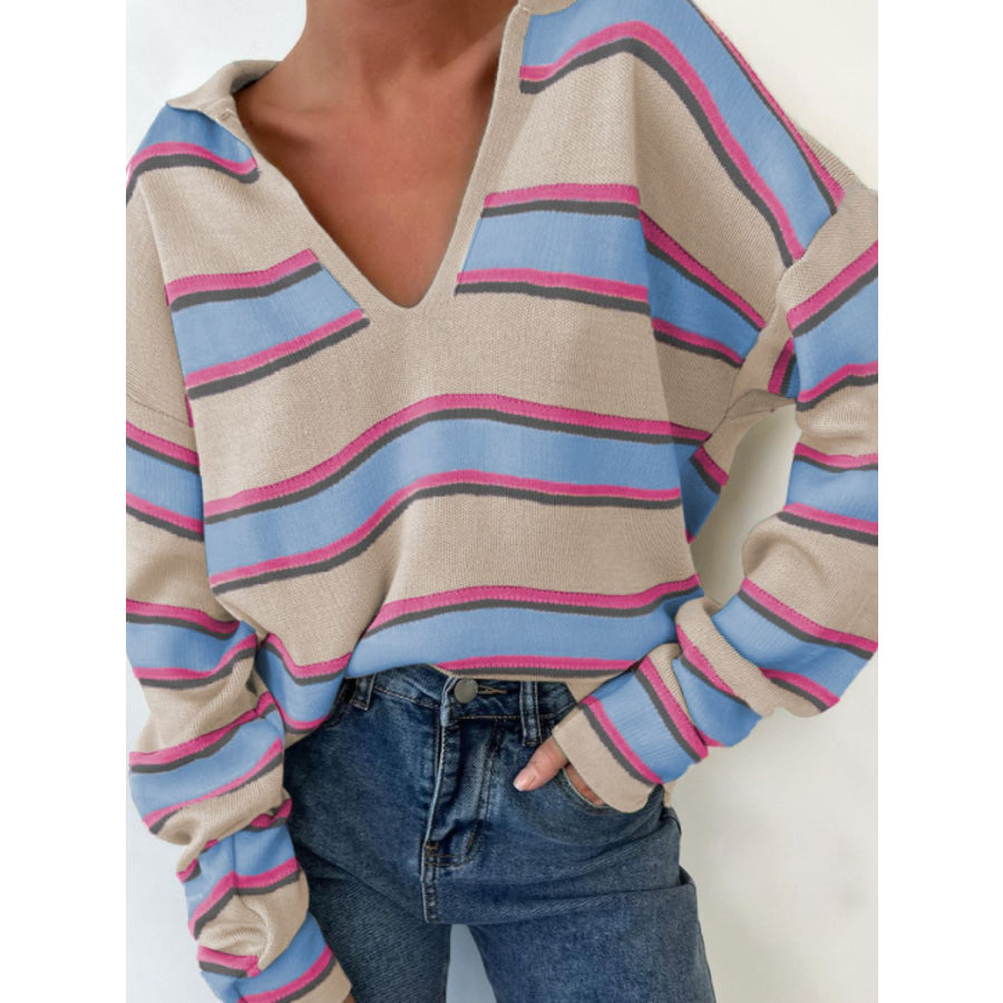 Johnny Collar Long Sleeve Stripe Sweater Beige / S Apparel and Accessories