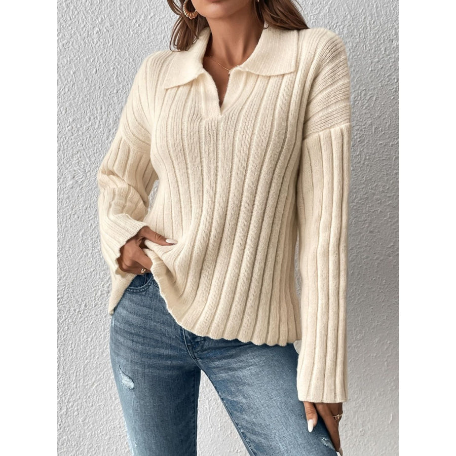 Johnny Collar Long Sleeve Sweater Tan / S Apparel and Accessories