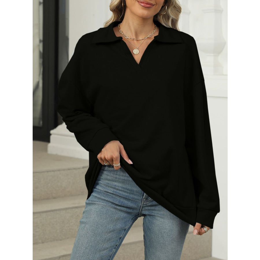 Johnny Collar Long Sleeve Sweatshirt Black / S Apparel and Accessories