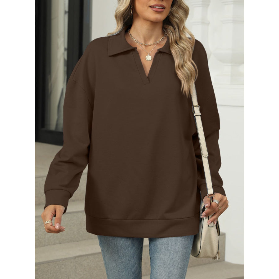 Johnny Collar Long Sleeve Sweatshirt Chocolate / S Apparel and Accessories