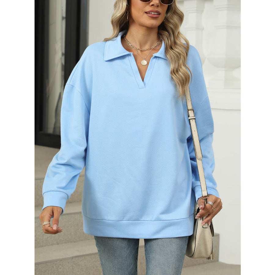 Johnny Collar Long Sleeve Sweatshirt Light Blue / S Apparel and Accessories