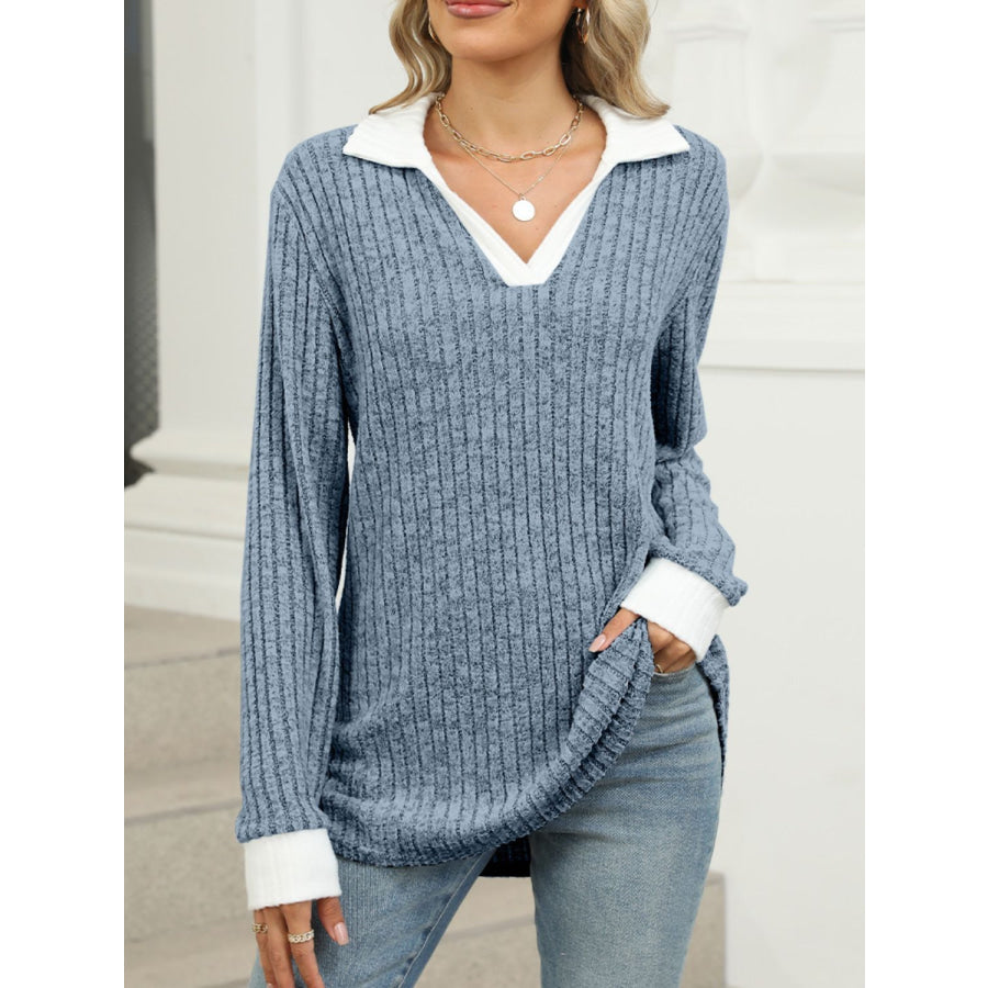 Johnny Collar Long Sleeve T-Shirt French Blue / S Apparel and Accessories