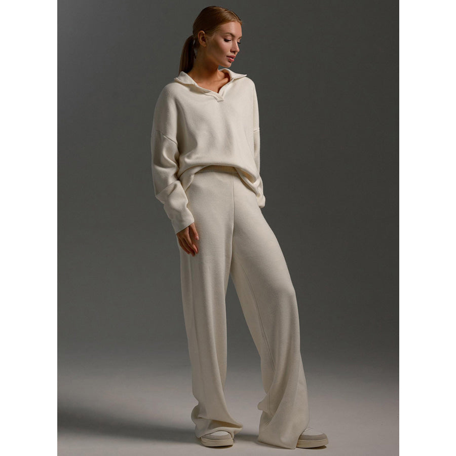 Johnny Collar Long Sleeve Top and Pants Sweater Set Apparel and Accessories