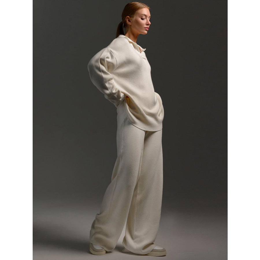 Johnny Collar Long Sleeve Top and Pants Sweater Set Cream / One Size Apparel and Accessories