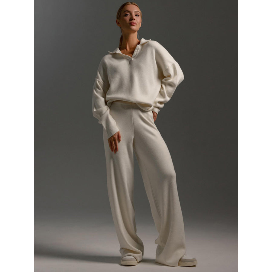 Johnny Collar Long Sleeve Top and Pants Sweater Set Cream / One Size Apparel and Accessories