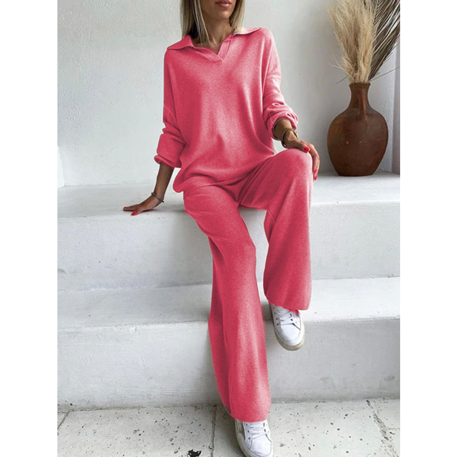 Johnny Collar Long Sleeve Top and Pants Sweater Set Hot Pink / One Size Apparel and Accessories