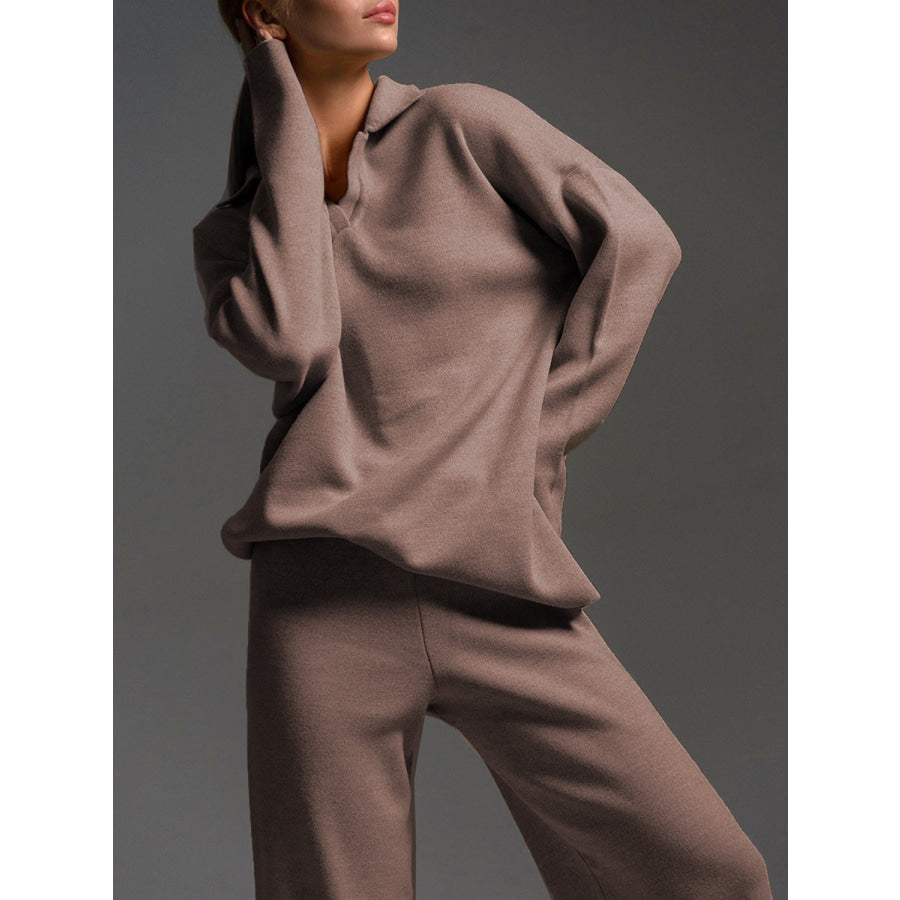 Johnny Collar Long Sleeve Top and Pants Sweater Set Taupe / One Size Apparel and Accessories