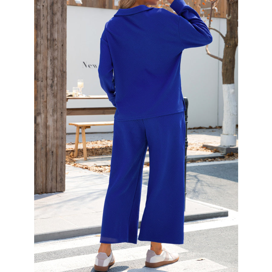 Johnny Collar Long Sleeve Top and Wide Leg Pants Set Royal Blue / S Apparel and Accessories