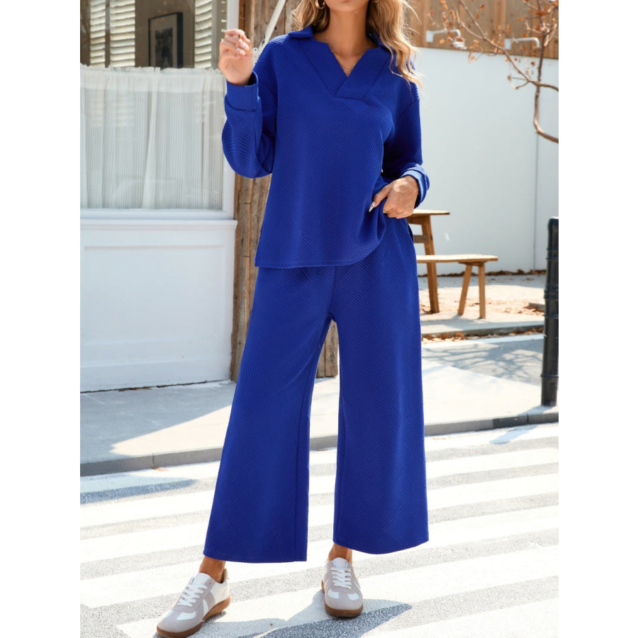 Johnny Collar Long Sleeve Top and Wide Leg Pants Set Royal Blue / S Apparel and Accessories