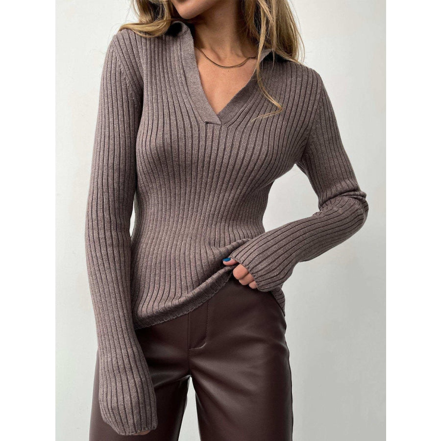 Johnny Collar Rib-Knit Top Chocolate / S