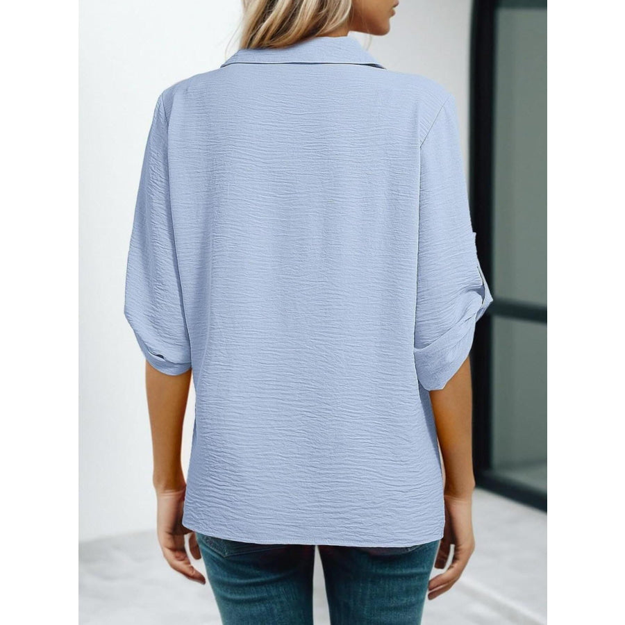 Johnny Collar Roll-Up Sleeve Blouse Apparel and Accessories