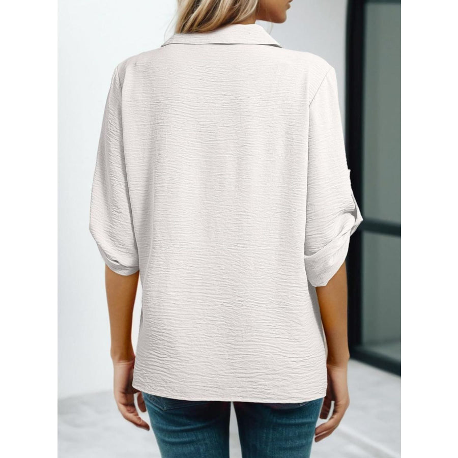 Johnny Collar Roll-Up Sleeve Blouse Apparel and Accessories