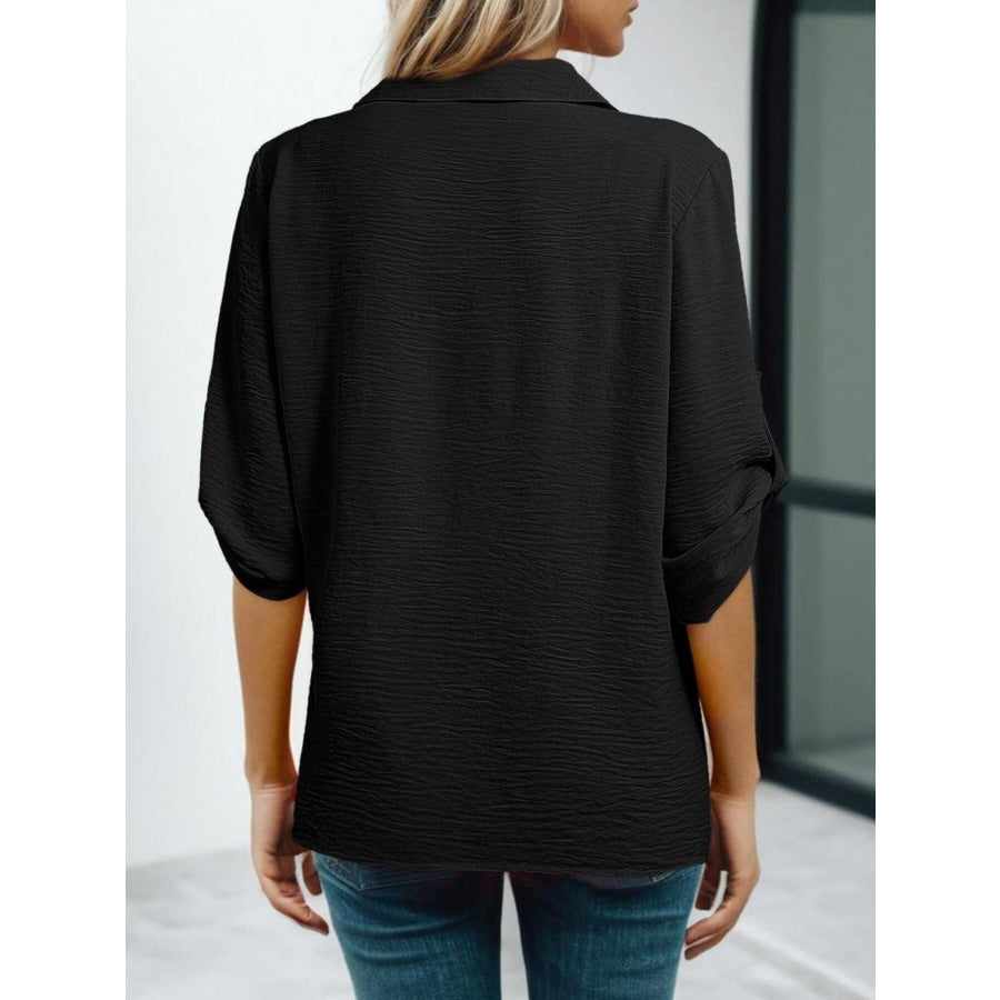 Johnny Collar Roll-Up Sleeve Blouse Apparel and Accessories