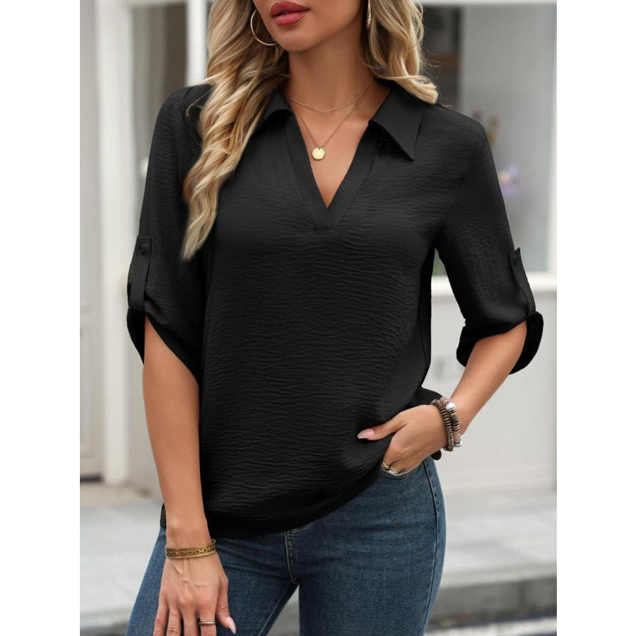 Johnny Collar Roll-Up Sleeve Blouse Black / S Apparel and Accessories
